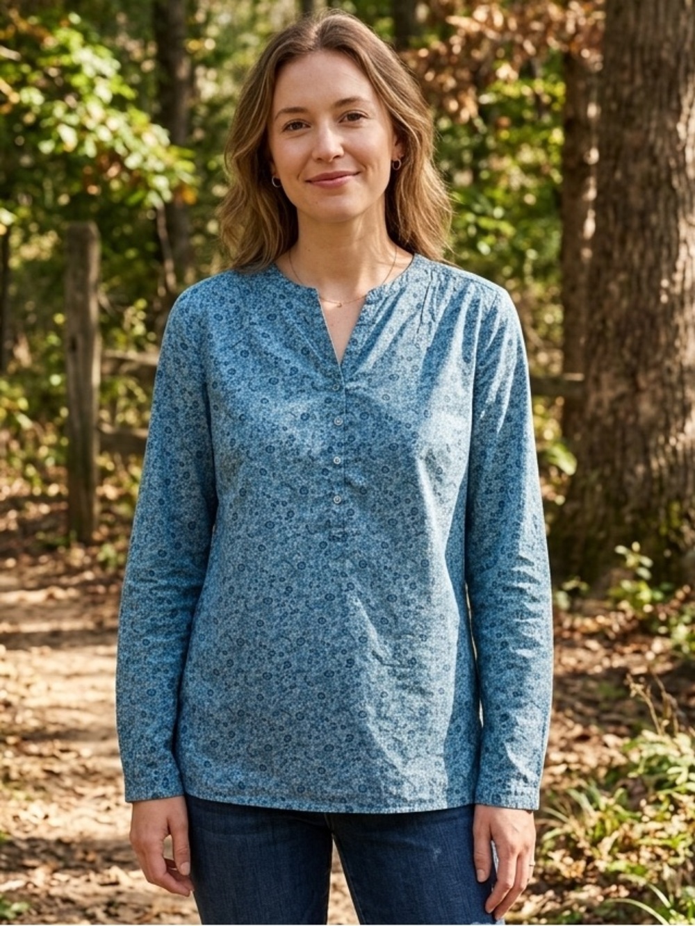 Liberty Art Fabrics Blue Floral 100% Cotton Popover Tunic Blouse - Size M